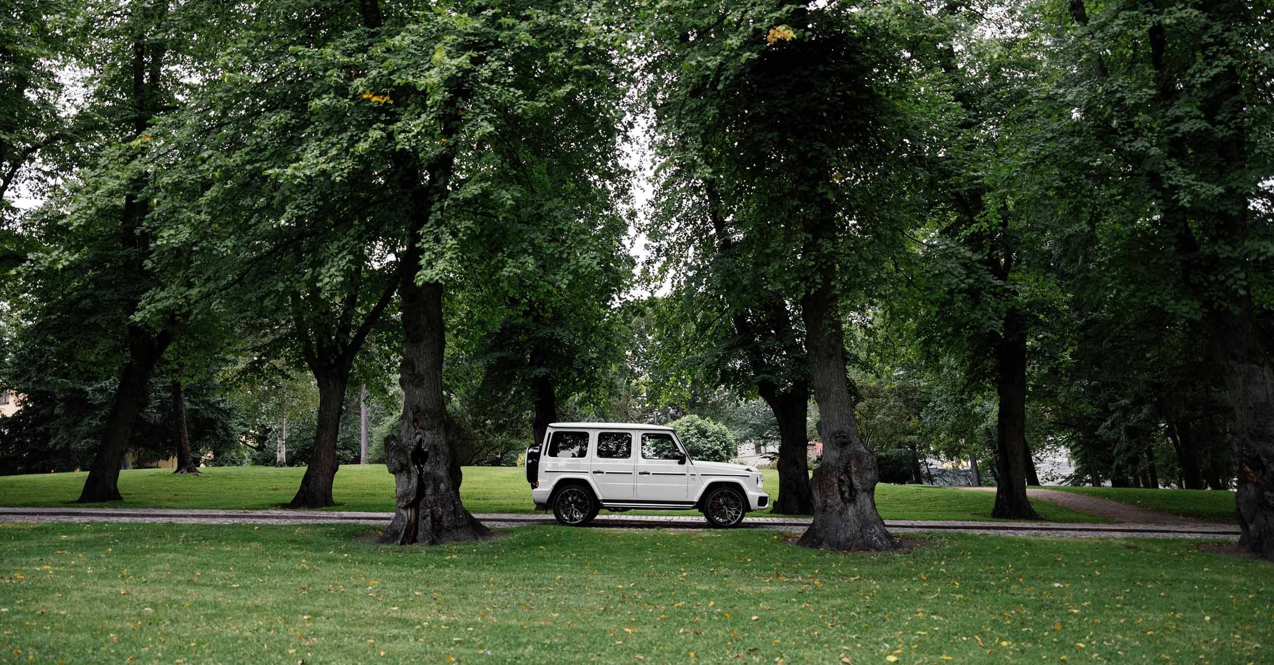 a white jeep is parked in a park surrounded by trees .